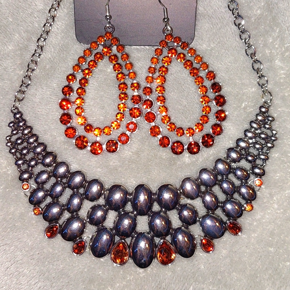 Honey Copper Rhinestones Silver Necklace & Earrings Set